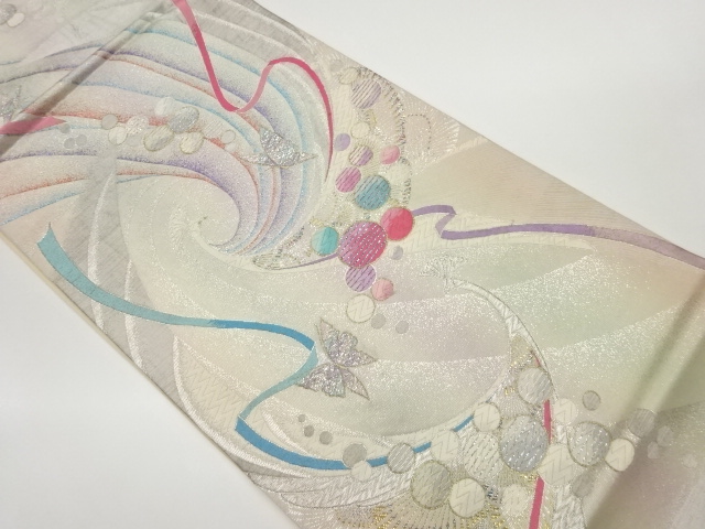 抽象孔雀に蝶・水玉模様織出し袋帯